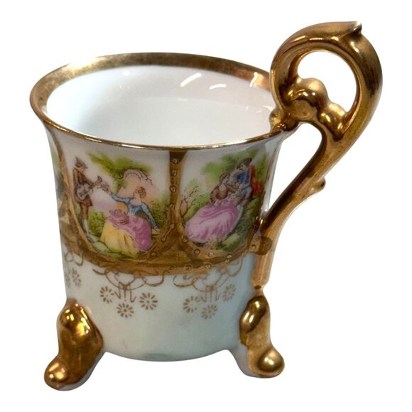 Vintage Victorian Porcelain Tea Cup Gold Feet Handle Romantic Courting Scened - Picture 1 of 13